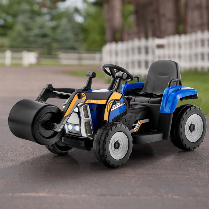 Vehicule De Construction Voiture Electrique Enfants, 2 Modes De Conduite, Avec Telecommande Effets Sonores Lumineux, Rouleau-compresseur Bulldozer, Jouet Enfant 3+ Ans, 113x51x52 Cm, Charge 30 Kg, Bleu/rouge/jaune