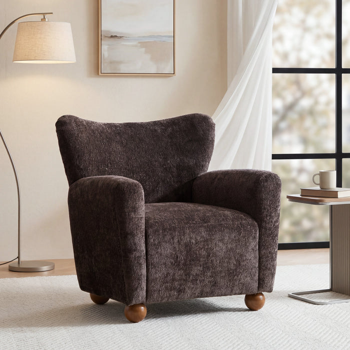 Wingate Fauteuil Aile Confortable en Tissu Premium et Pieds en Bois Massif, Brun Fonce, Teck