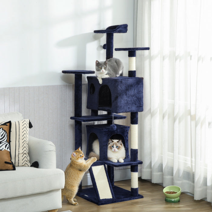 Arbre a chat 160 cm avec poteaux a griffer, maisons, bleu fonce