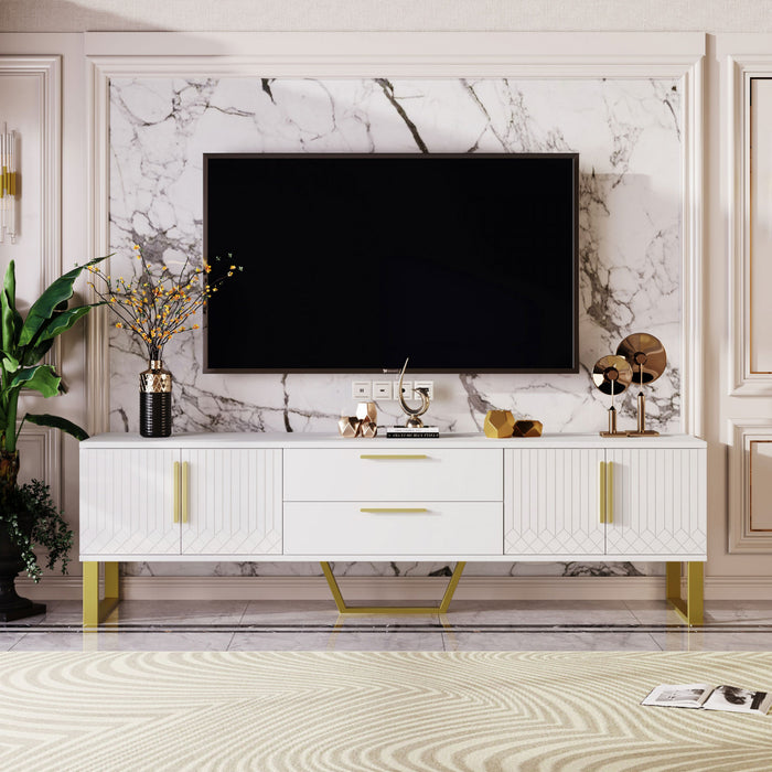 Steven 66.9\" Cabinet TV Sur Pieds avec Poignees et Pieds Dores, Blanc