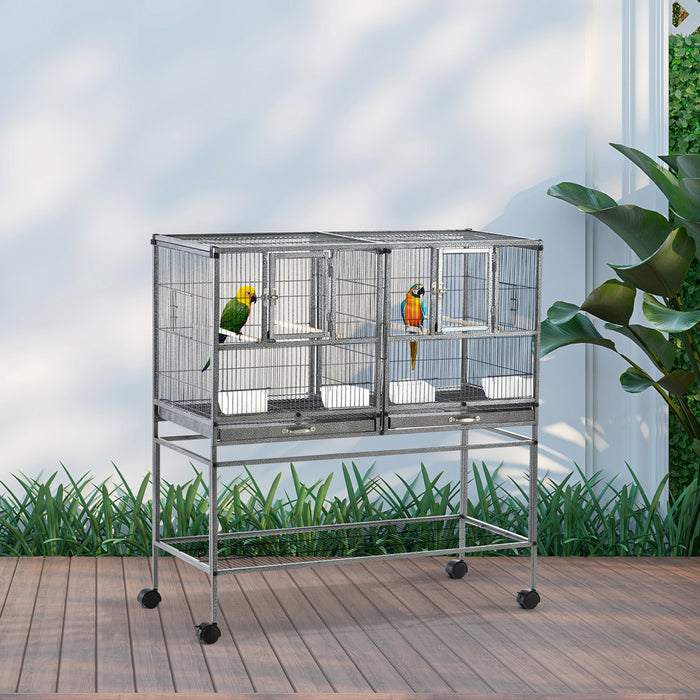 Cage A Oiseaux Avec Separation Mangeoire Et Perchoir 95l X 45l X 102h Cm Noir Et Gris