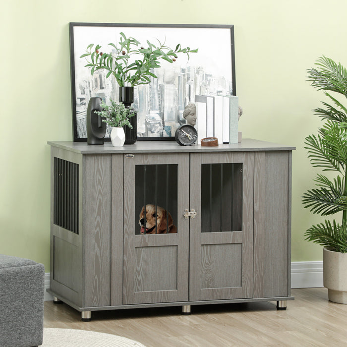 Pawhut Cage Pour Chien Avec Porte Magnetique Verrouillable, Pieds Reglables, Table D'appoint Pour Niche D'interieur Pour Chiens De Petite, Moyenne Et Grande Taille, Gris