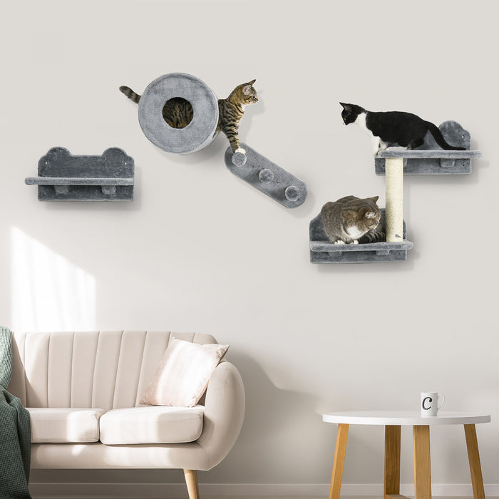 Pawhut Etageres Murales Pour Chats 4pcs, Ensemble D'etageres D'escalade Murales Pour Animaux De Compagnie, Centre D'activites Pour Chatons Avec Condo, Coussin, Griffoir, Plate-forme De Saut, Gris