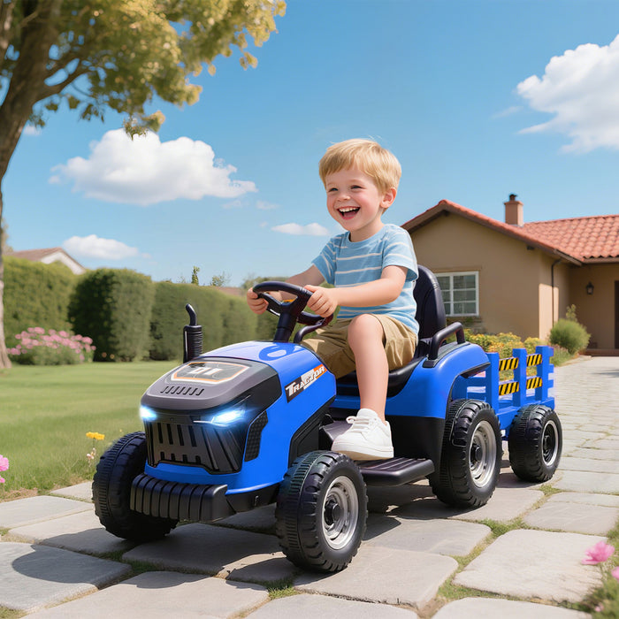 Qaba Tracteur Pour Enfants Avec Remorque, Voiture Pour Enfants 12 V, Bleu