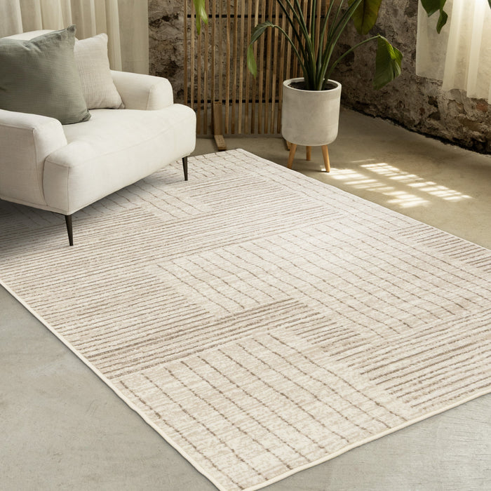 Tapis Florence Brown Cream a motif geometrique a lignes lineaires, 6'7\" x 9'6\"