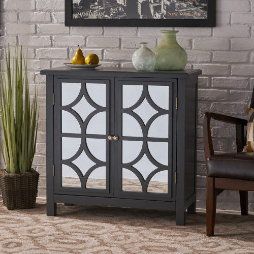 Joyce Armoire A Deux Portes En Bois De Sapin Massif Avec Finition Miroir, Gris Charbon