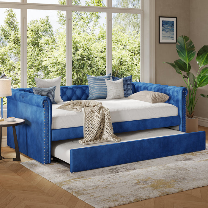 Le Daybed Sophia avec design capitonne, revetement en tissu, lit d'appoint avec trundle et dossier confortable, couleur bleue