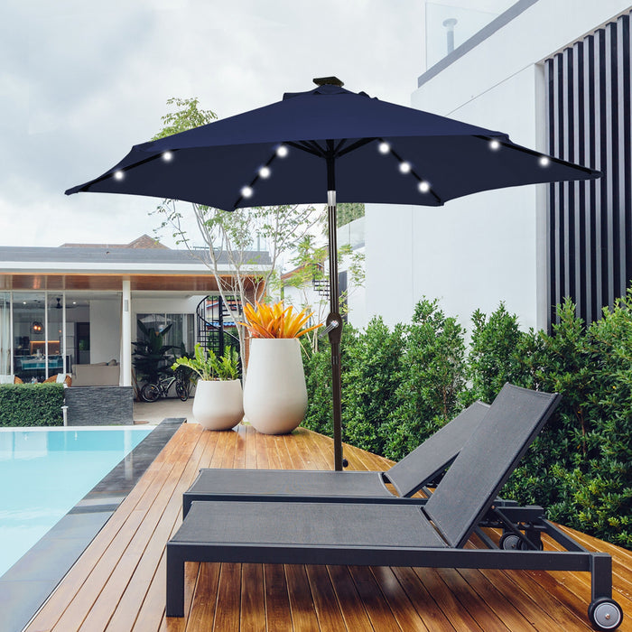 Parasol de marche solaire Costway de 10' avec eclairage LED, ajustement de l'ombre par inclinaison a manivelle, marine