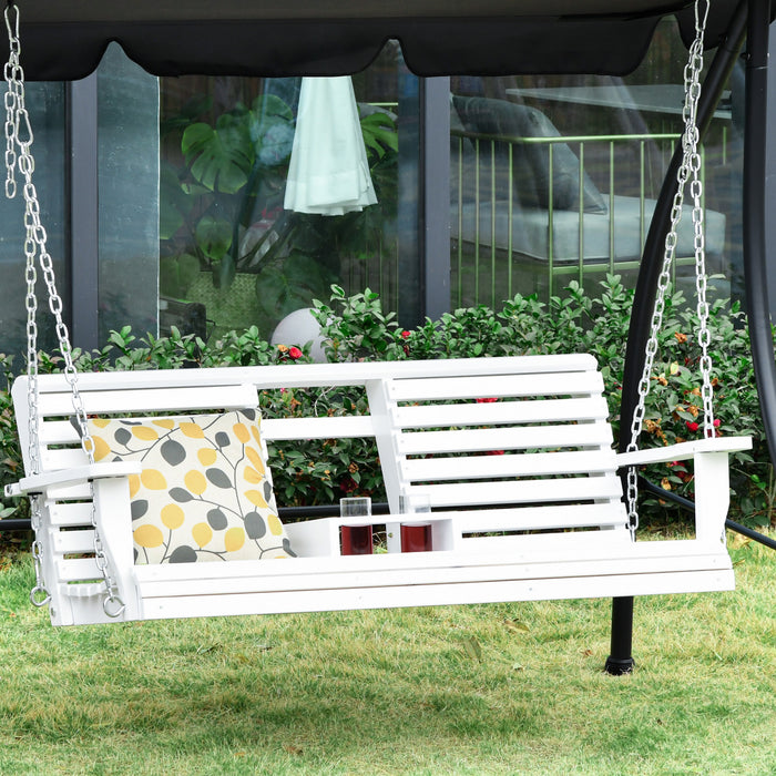 Banc De Balancoire En Bois Outsunny 2 A 3 Places Avec Table Pliable, Porte-gobelets, Chaines En Acier Jardin, Patio, Cour, Blanc