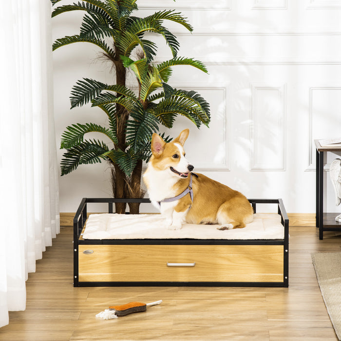 Pawhut Lit Pour Chien Chat Sur Pieds Avec Tiroir Coussin Doux Lavable Grand Confort Espace De Rangement Panneau De Particules 39.25\" X 23.5\" X 12.5\" Noir Chene