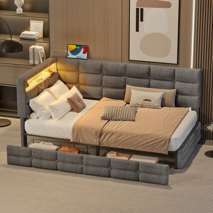 Banquette-lit Sophia rembourree avec lumieres LED et tiroirs de rangement, taille simple, gris