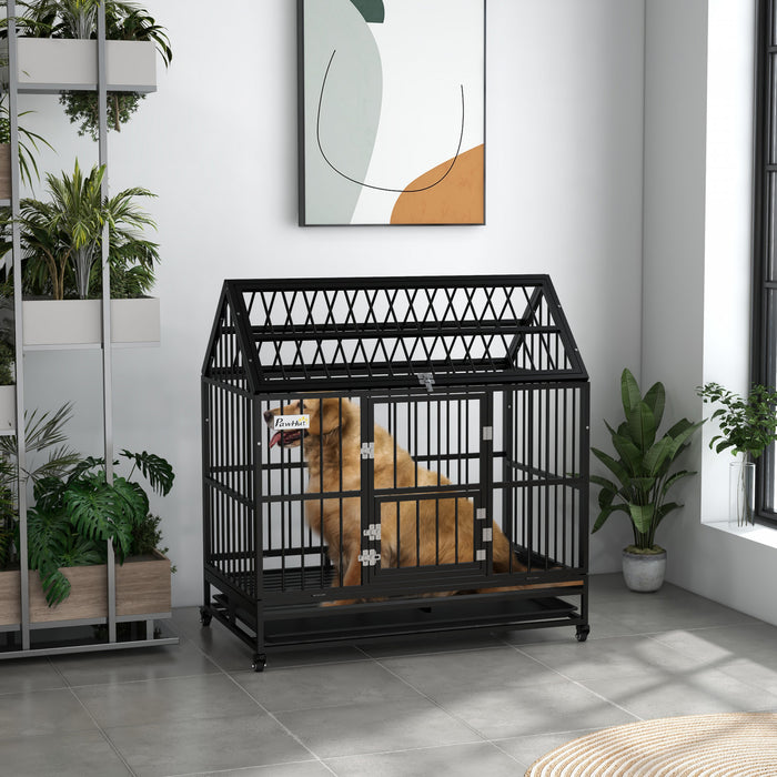 Pawhut Cage Pour Chien Robuste En Metal De 49\" Avec Plateau Amovible, Portes, Toit Ouvrant, Roues, Pour Chiens De Grande Et Tres Grande Taille, Noir