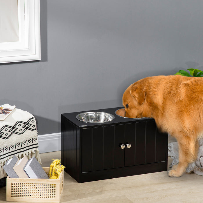Pawhut Bol De Chien Sureleve Pour Gros Chien Station D'alimentation Pour Animaux De Compagnie Avec Support, Rangement, 2 Bols D'aliments Et D'eau En Acier Inoxydable, Noir, 23.5\" X 12\" X 14\"