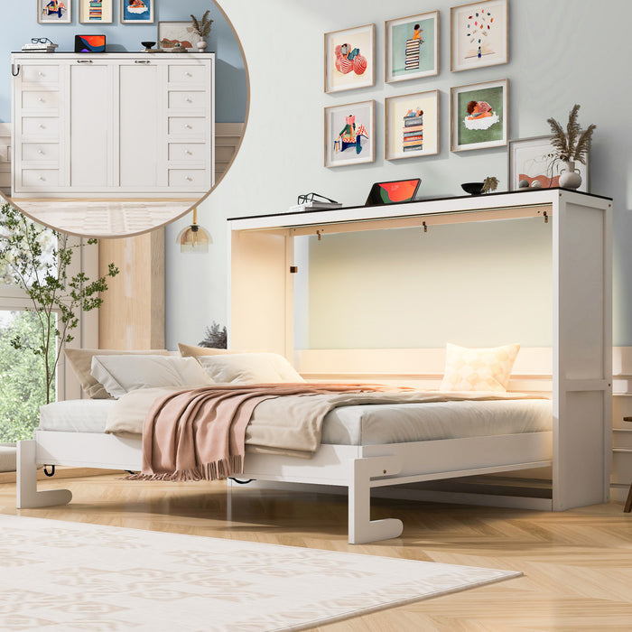 Lit escamotable Olivia en bois massif avec lumiere LED et armoire pliante, taille queen, blanc