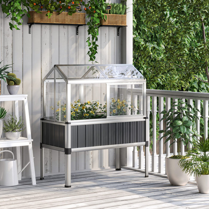 Outsunny Lit De Jardin Sureleve Avec Serre En Plastique, Gris Fonce