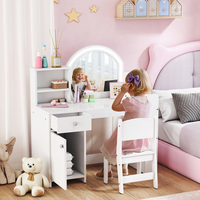 Qaba Ensemble de Coiffeuse pour Enfants, Miroir Lumineux, Tabouret, Blanc