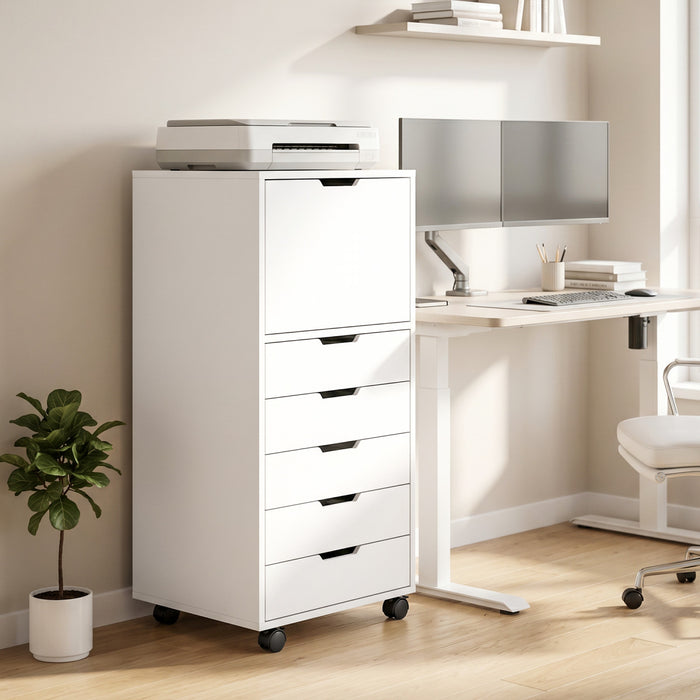 HOMCOM Classeur vertical 5 tiroirs avec roulettes verrouillables Blanc