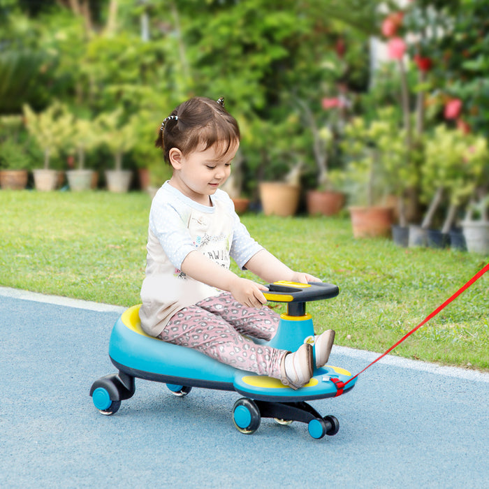 Qaba Voiture Pour Enfants De 2 A 6 Ans, Avec Corde De Traction Pour Les Parents, Musique, Lumiere, Voiture Sans Piles, Mouvement De Torsion Pour Diriger, Bleu