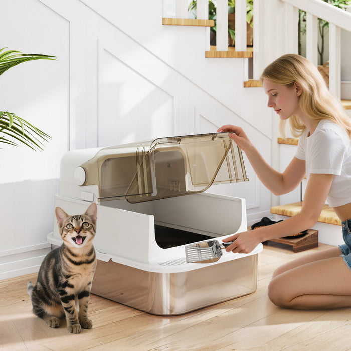 PawHut Bac a Litiere pour Chat Extra-Large en Acier Inoxydable, XXL avec Couvercle Rabat & Pelle, Facile a Nettoyer, Sans Odeurs, Etanche, pour Chats de Toutes Tailles, Blanc