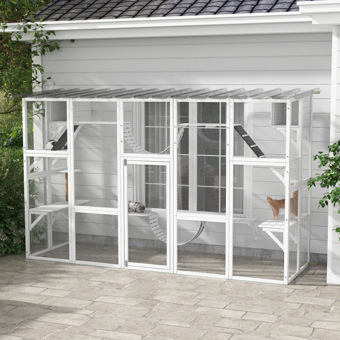 Pawhut Catio Maison D'exterieur Pour Chat Avec Toit De Protection Contre Les Intemperies Pour Plusieurs Chatons, Cadre En Bois, Etageres Et Ponts, 118\" X 37.5\" X 74\" , Blanc