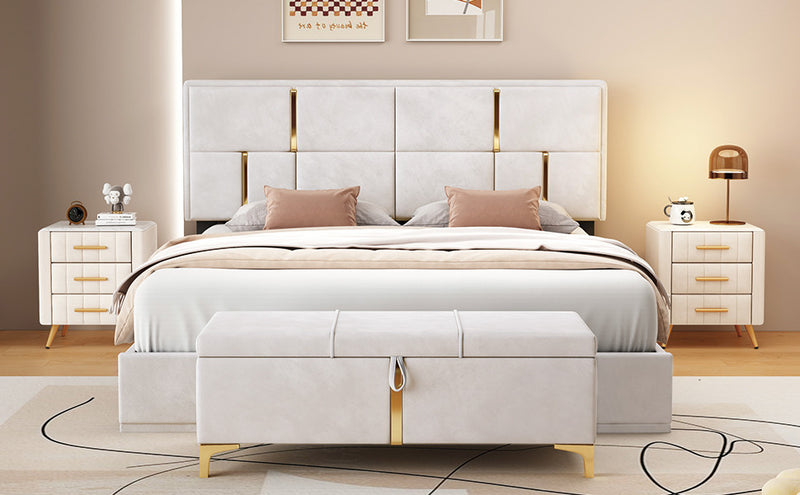 Ensemble De Chambre Nicole 2 Pieces Avec Lit Plateforme Tapisse Et Banc Coffre, Taille Queen, Beige