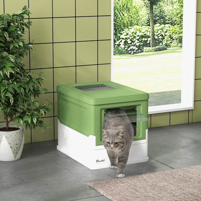 Pawhut Bac A Litiere Pour Chat Entierement Ferme Avec Pelle, Litiere Avec Plateau De Type Tiroir, Pot Pliable Anti-odeur Avec Entree Avant, Sortie Superieure, Toilettes Portables Pour Chat, Vert Jaunatre