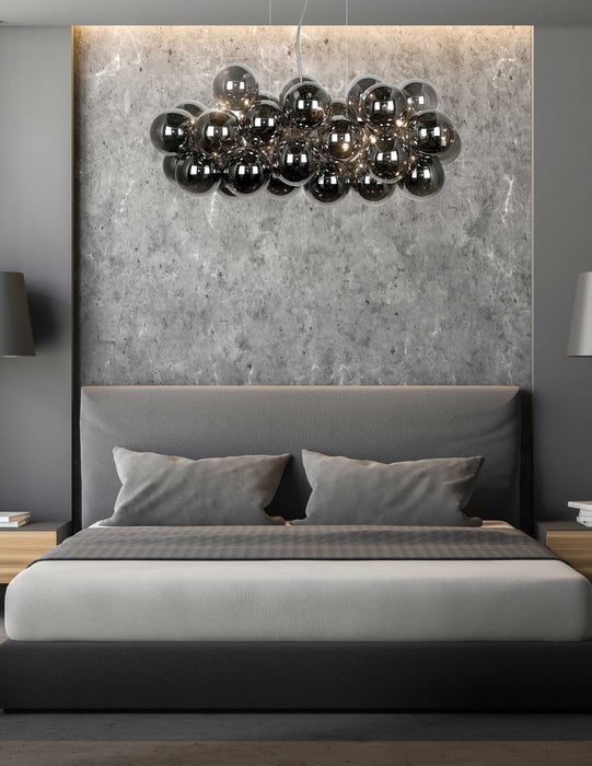 Luminaire suspendu horizontal Comet de Dainolite en verre fumé, avec fini chromé poli et 10 ampoules