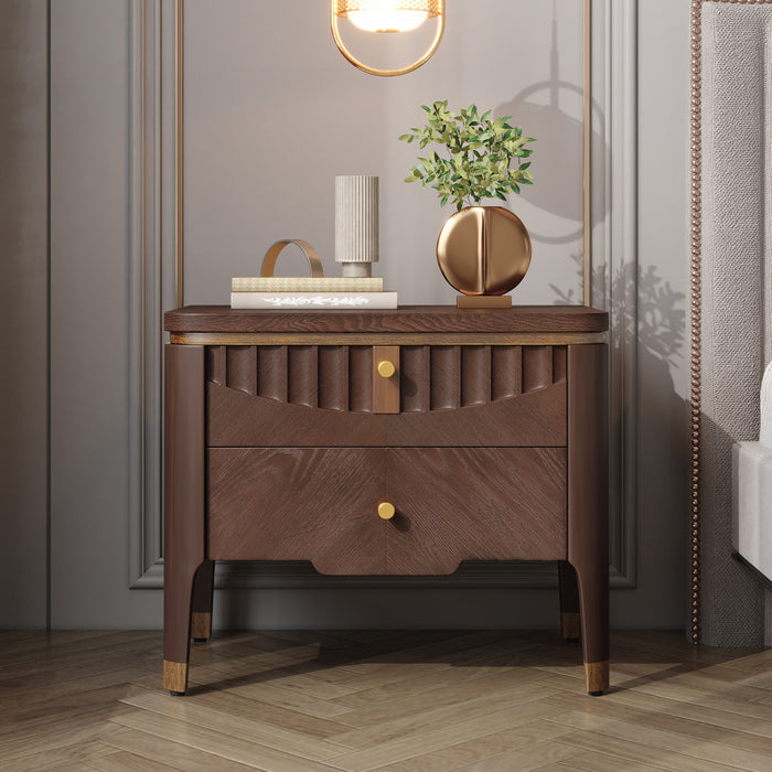 La table de nuit moderne Liam avec design en vague et 2 tiroirs de rangement, couleur marron