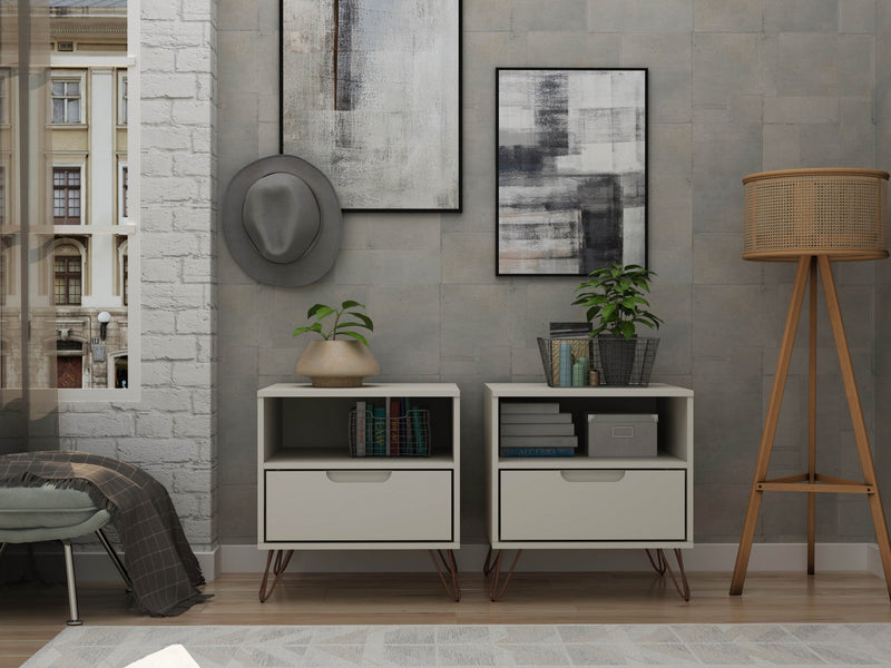 Table de nuit Rockefeller Mid-Century Modern 20\" en blanc casse (1 tiroir) - Lot de 2