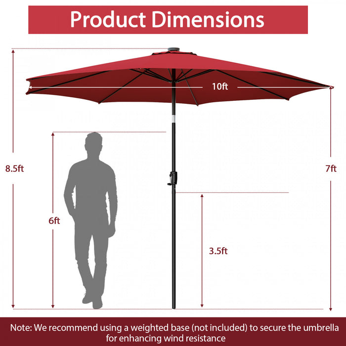 Costway Parasol de table de patio 10 FT avec 112 LED solaire, inclinaison avec manivelle, exterieur couleur vin