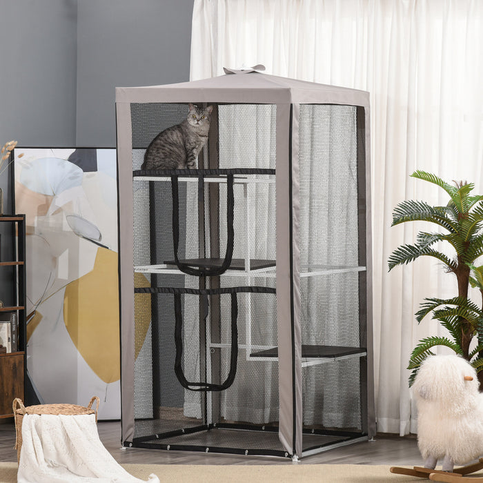 Pawhut Grand Enclos Exterieur Pour Chat Chaton Maison Cage Interieure Chenil Pour Animaux De Compagnie Parc Avec 3 Plateformes Porte 4 Sacs De Sable 39\" X 39\" X 79\"