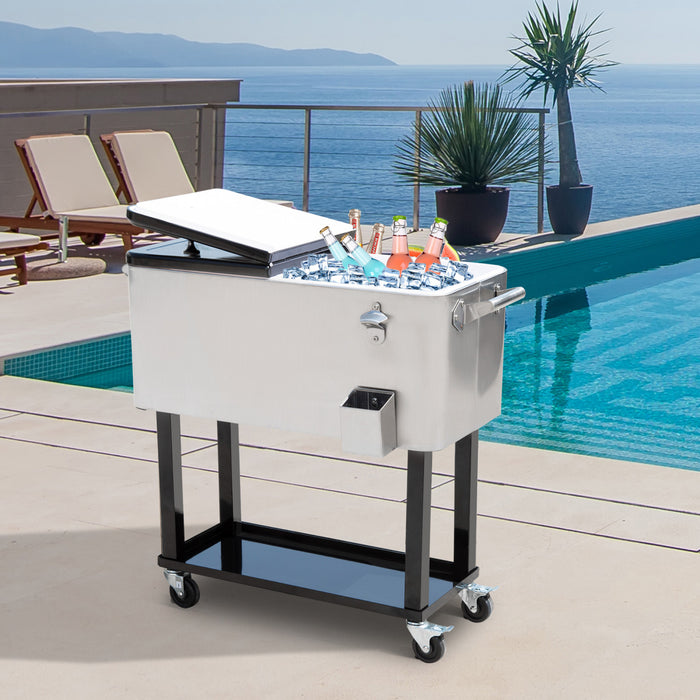 Chariot refrigere a roulettes Outsunny 80 pintes, bac a glace pour boissons (biere, etc.), argent