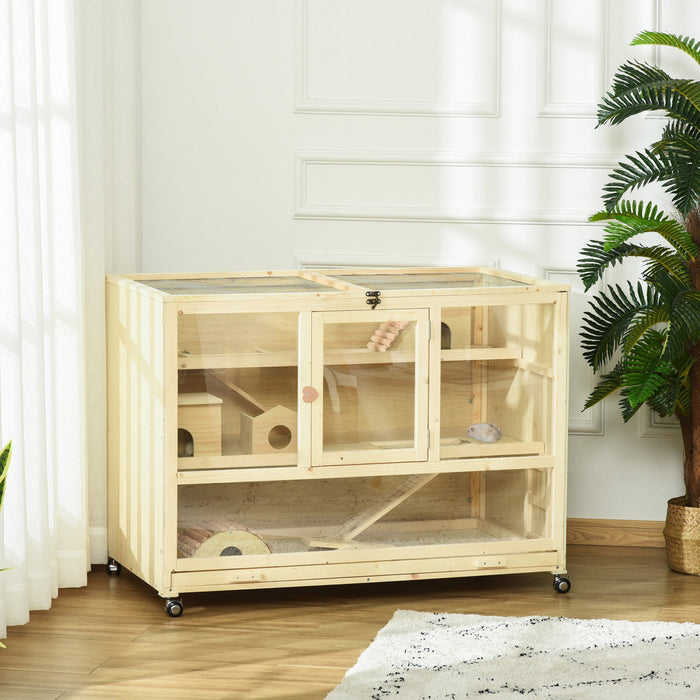Pawhut Cage A Hamster En Bois, Cage A Rats A 3 Niveaux Avec Toit Ouvrant, Echelles, Roues, Plateau, Pour Hamsters, Rats, Maison De Jeu D'exercice Pour Petits Animaux, Bois Naturel