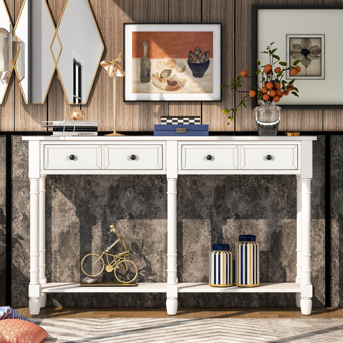 Table Console Phyllis En Bois Massif Avec Tiroirs Et Etagere Inferieure - Ivoire Blanc