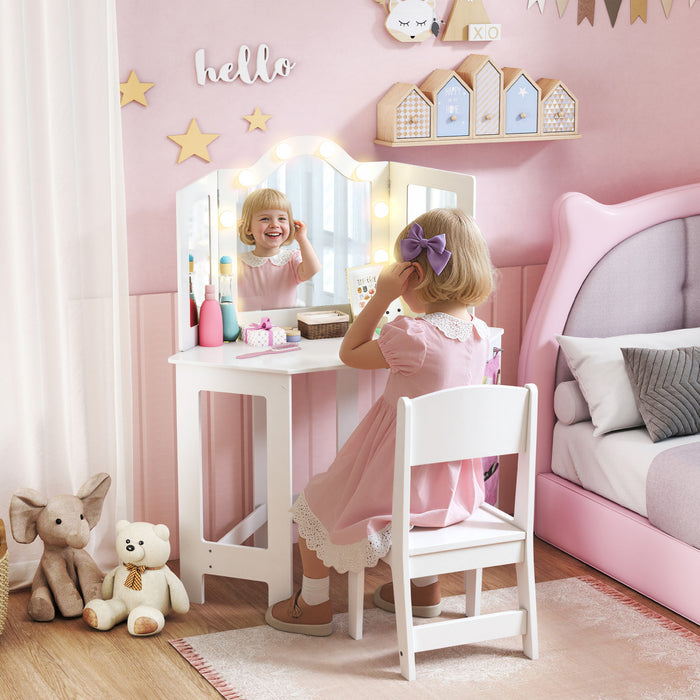 Qaba Ensemble coiffeuse et chaises pour enfants avec eclairage, blanc