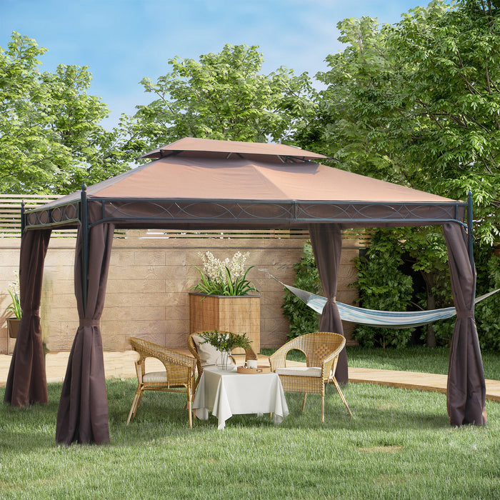 Outsunny 10x13ft Pavillon De Jardin A Deux Niveaux Avec Rideau Abri Exterieur Backyard Canopy Coffee