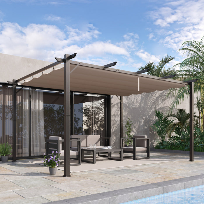 Outsunny Pergola Retractable 10' X 13' Auvent Retractable Pour Patio Jardin Terrasse Structure Aluminium + Toile Polyester Haute Densite 180 G/m² Brun