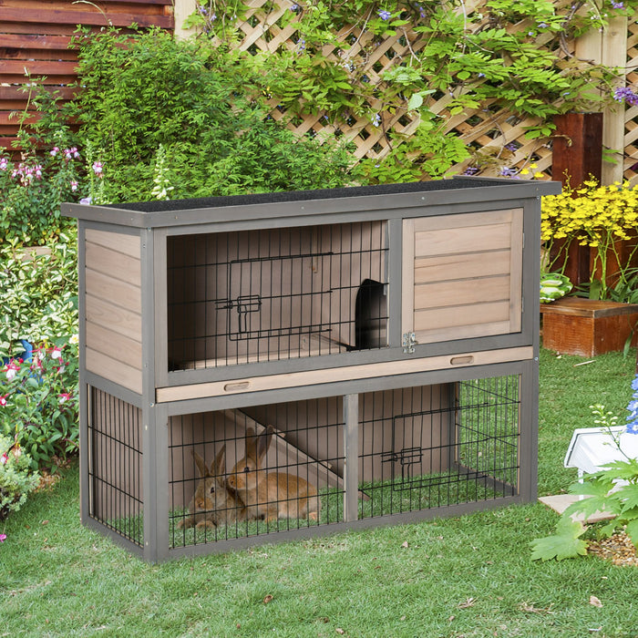 Pawhut Clapier A Lapin A 2 Etages Cage A Lapin Pour Petit Animal Avec Plateau Coulissant, Enclos, Dessus Ouvrable, Rampe, Pour Interieur Exterieur 42.5\" X 18\" X 31\"
