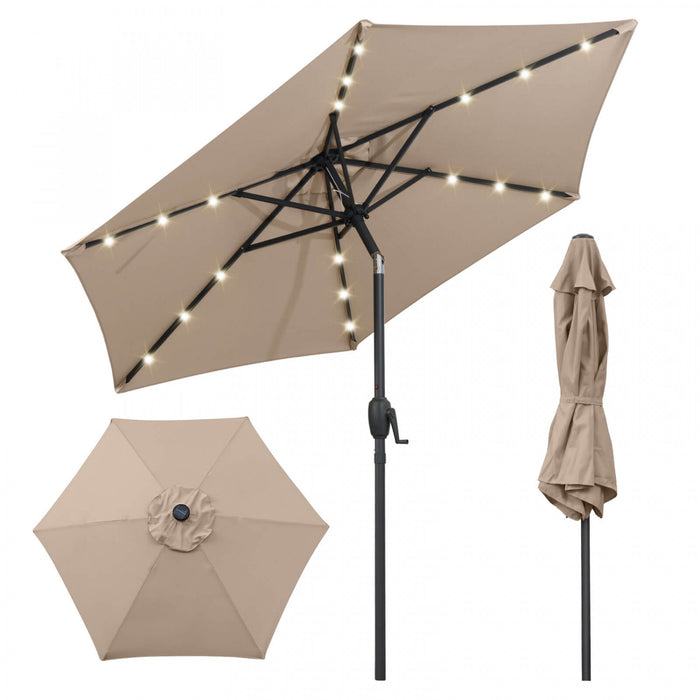 Parasol solaire Costway 7,5 ft avec lumieres LED, inclinaison par bouton-poussoir, manivelle, marron