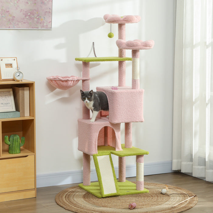 Arbre a Chat en Forme de Fleur 158 cm avec 2 Condos, 2 Lits, Hamac, Perchoir