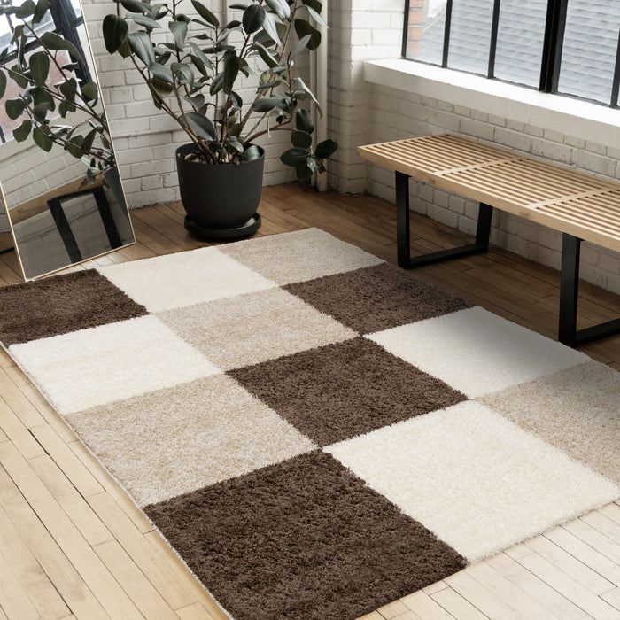 Tapis Fairmont a carreaux brun beige blanc, 7'10\" x 10'6\"
