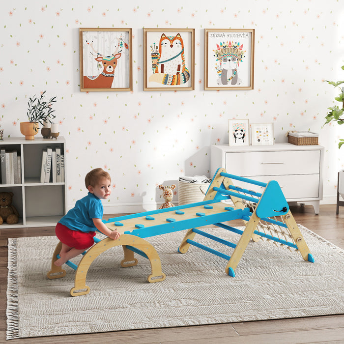 Qaba Ensemble triangle 5-en-1 Pikler, jouets d'escalade pliables en bois avec arche, rampe et echelle, gymnastique de jungle interieure Montessori pour les 18 a 48 mois, bleu