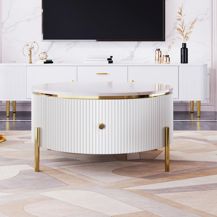 Table Basse Ronde Moderne Nelson De 31,5\" Avec 2 Tiroirs De Rangement, Blanche