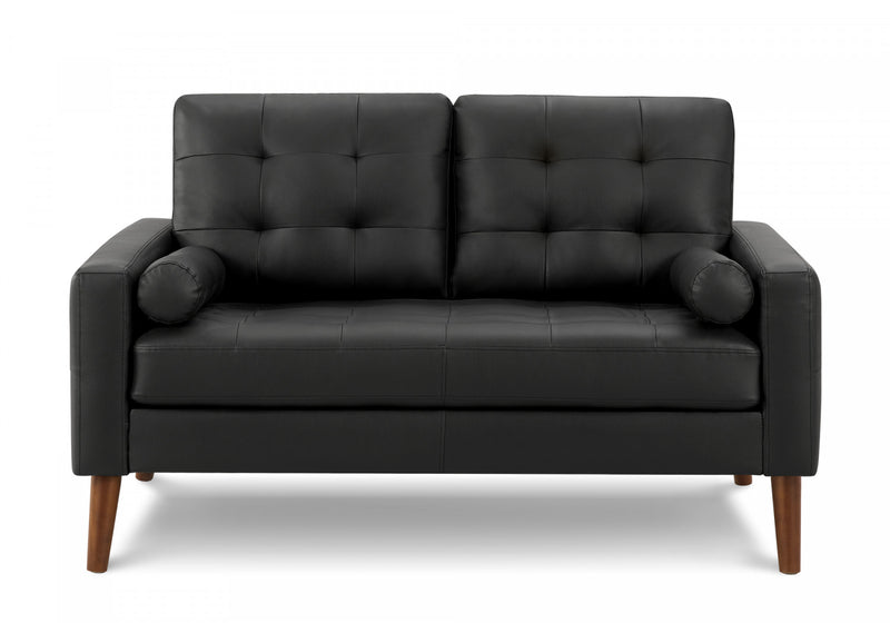 Causeuse Rembourre, 58\" L, Aspect Cuir Noir, Pieds En Bois De Noyer, Mid Century, Moderne