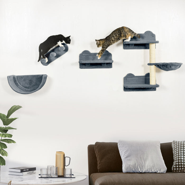 Pawhut Grimpeur Mural Pour Chat Avec Hamac, Griffoir, 3 Marches, Plateformes De Saut, Etagere Murale Pour Chat Pour Se Detendre, Dormir, Grimper, Mobilier Mural Pour Chat D'interieur - Gris