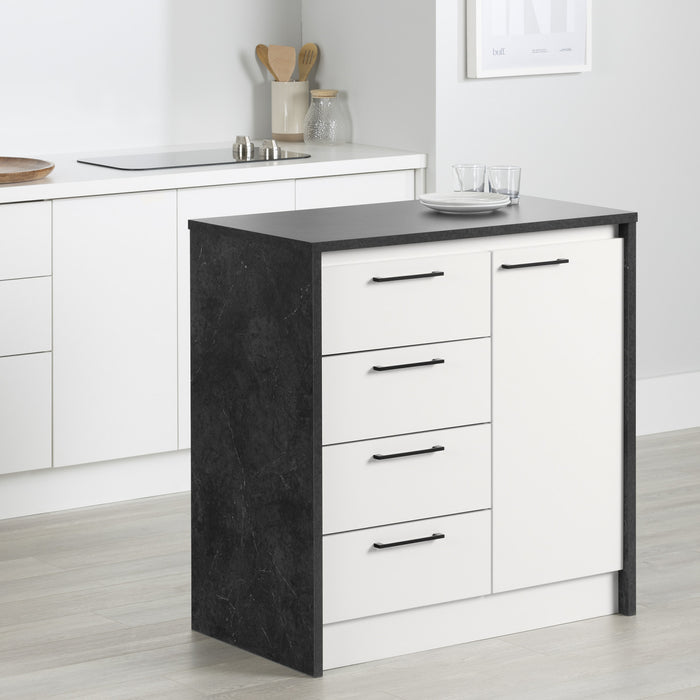  Îlot de cuisine compact Myro avec rangement - imitation de pierre noire et blanc