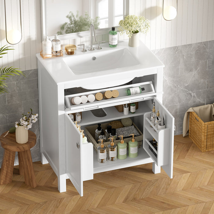 Meuble de salle de bain moderne Baker 30 pouces avec lavabo ceramique et rangement, blanc