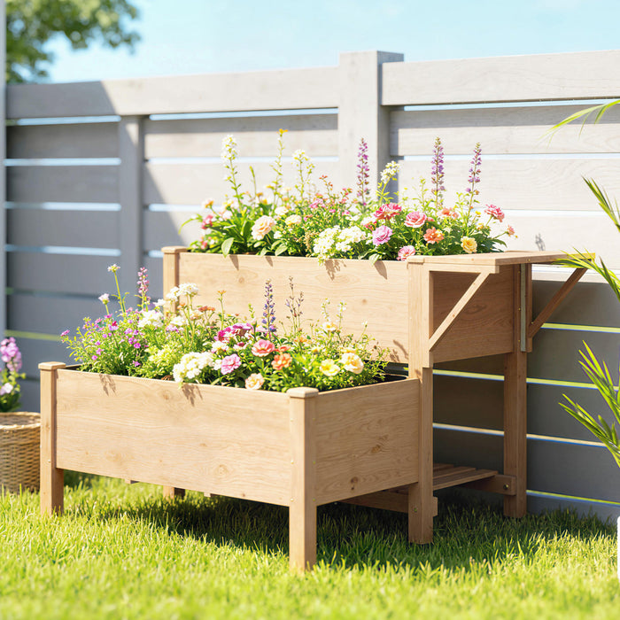 Outsunny Carre de Jardin sureleve en Bois, Bac de Plantation a 2 Niveaux avec Etagere