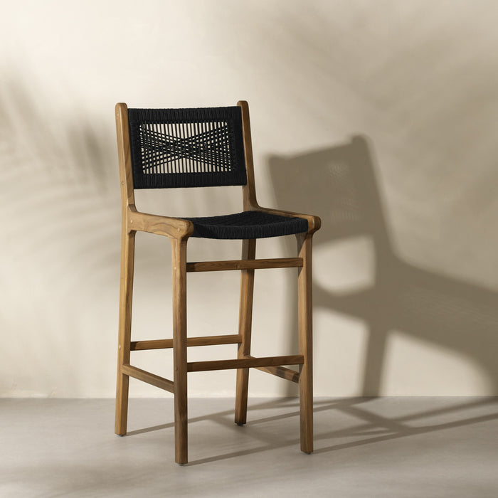Tabouret bar Agave en teck et en corde tressée - noir et naturel