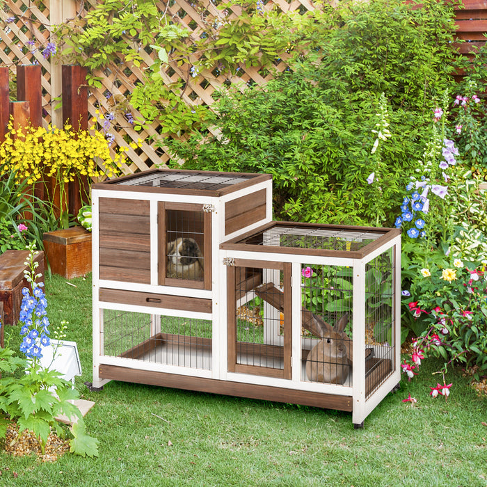 Pawhut Cage A Lapin Surelevee En Bois Habitat Pour Petits Animaux D'interieur Avec Parcours Ferme Avec Roues, Rampe, Plateau Amovible Ideal Pour Cochons D'inde, Marron